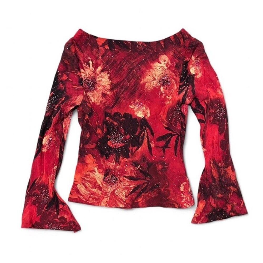 Vintage 100% Silk Red Floral Fairy Euro Top Beaded Bell Sleeves Women’s Small - Picture 7 of 8